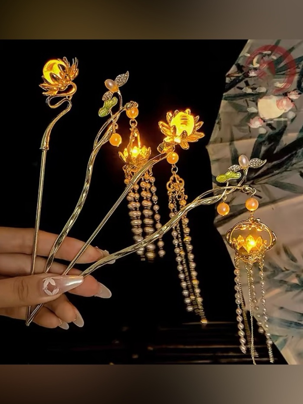 Floral Lotus Hair Sticks with Pearls tassels Elegant Hairpin Halloween Easter